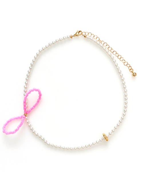 Ribbon Beads Pearl Necklace Pink