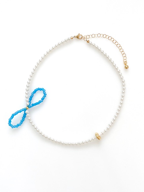 Ribbon Beads Pearl Necklace Blue